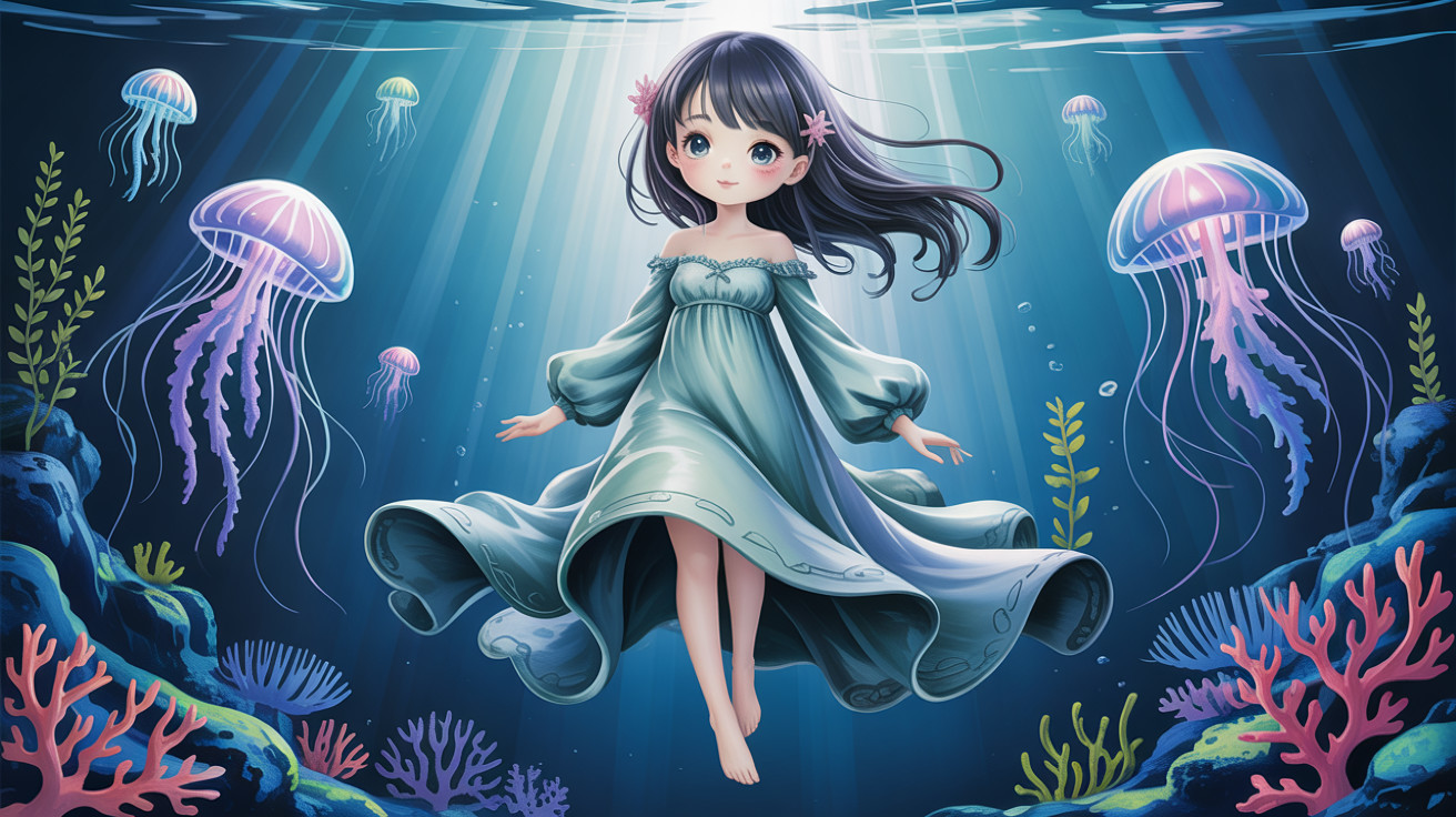 Anime-style girl in light blue dress underwater scene