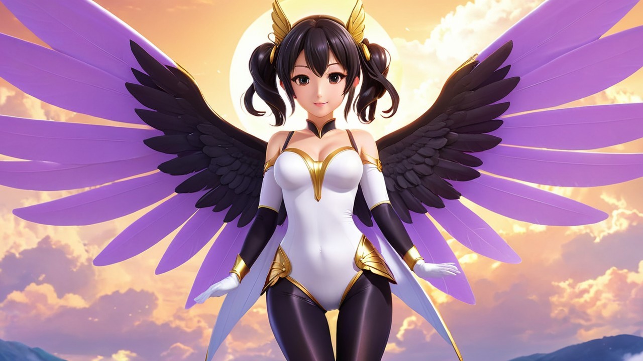 Fantastical character with dark hair and purple wings