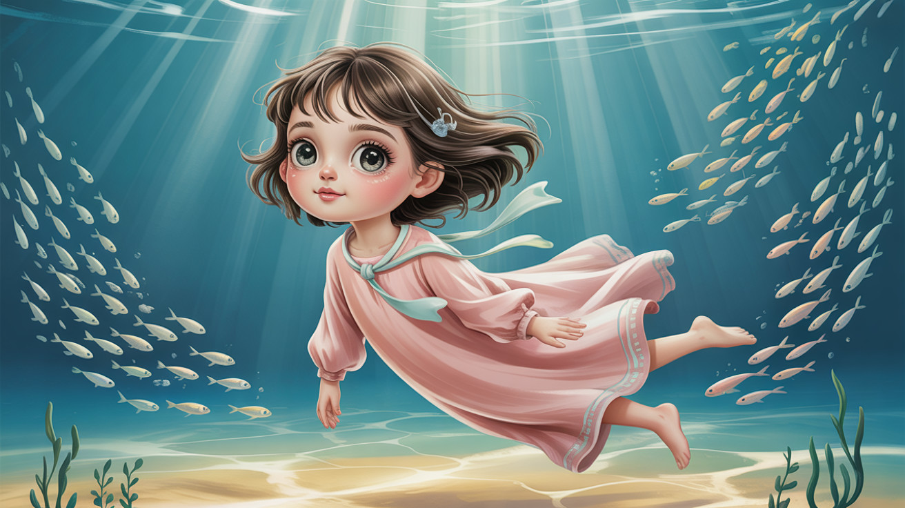 Whimsical Anime Girl Floating Underwater in Pink Dress