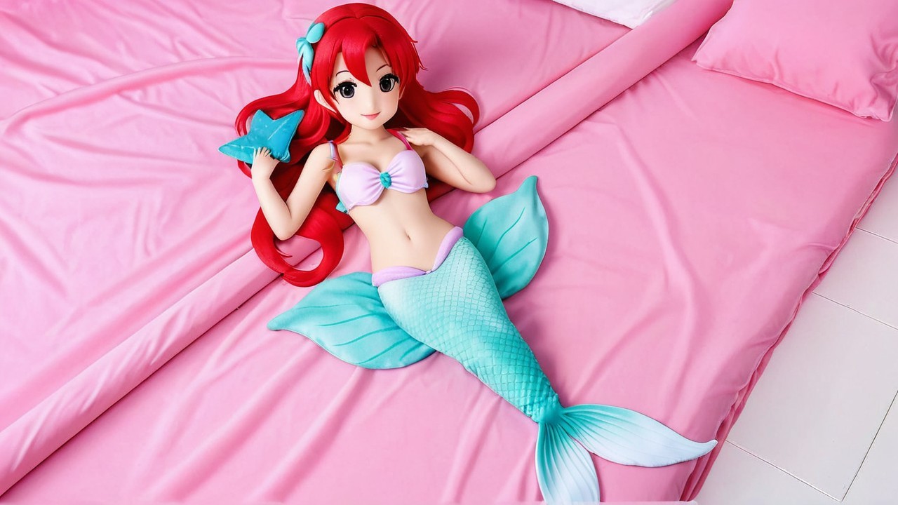 Vibrant Mermaid Figure on Soft Pink Bed with Fish