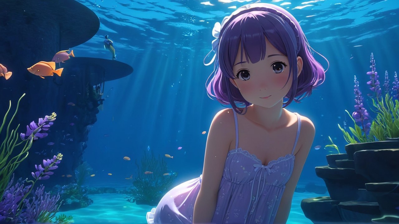 Underwater Scene with a Young Girl and Colorful Fish