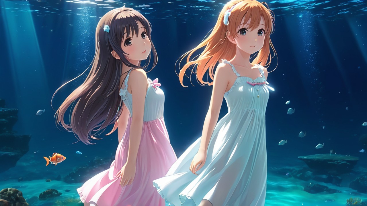 Underwater Scene with Two Women in Colorful Dresses