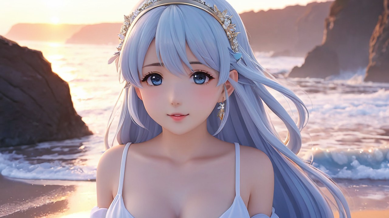 Serene Beach Scene at Sunset with Young Woman
