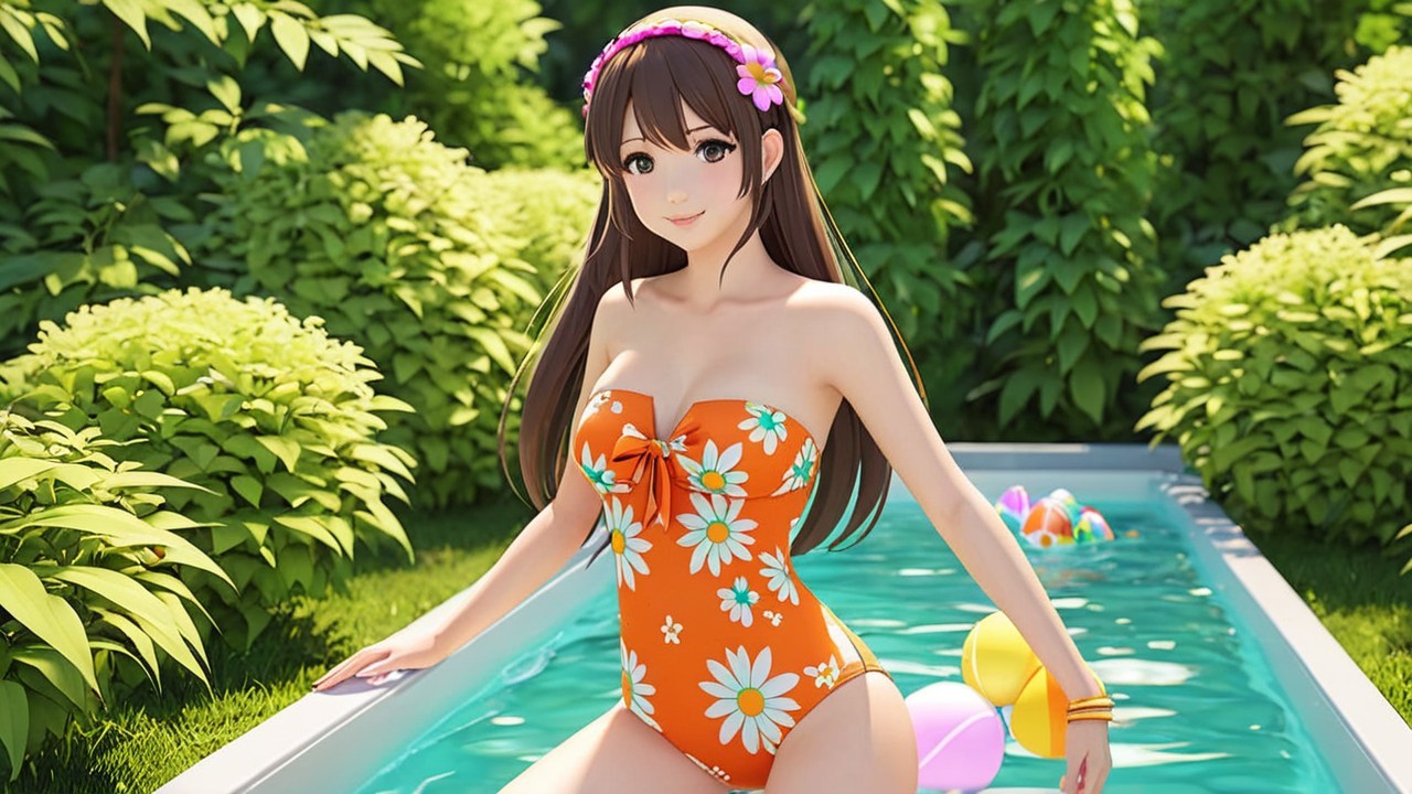 Cheerful woman in orange swimsuit by clear pool
