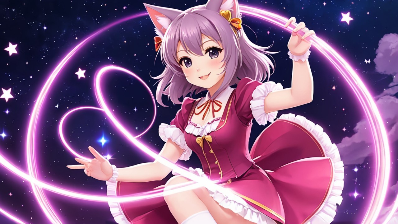 Cute anime character with cat ears in pink outfit