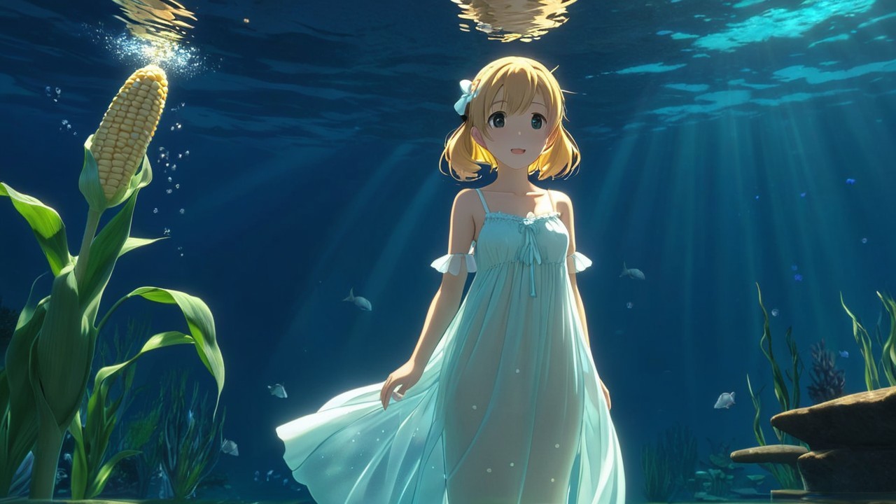 Underwater Scene with Girl in Blue Dress and Fish