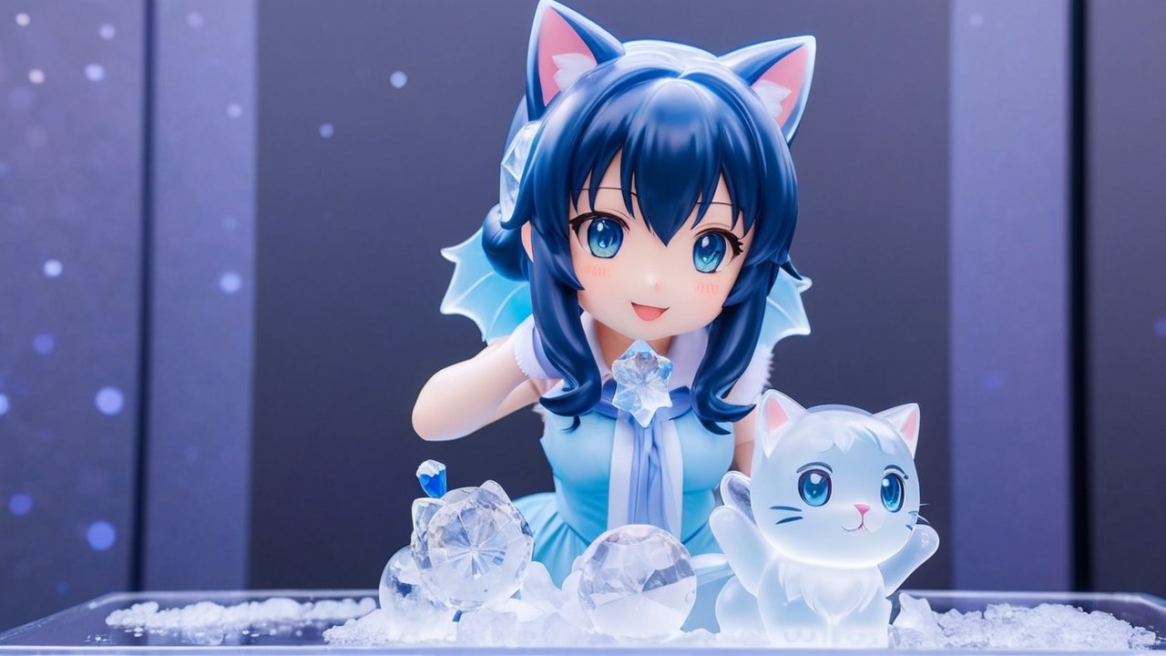 Cheerful girl with blue hair and cat ears in ice scene