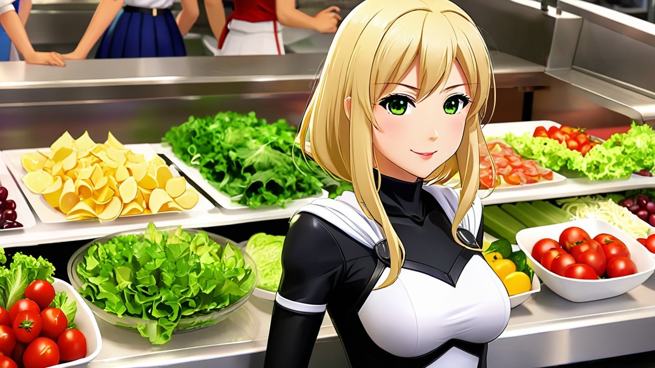 Anime Character in Colorful Kitchen with Fresh Produce