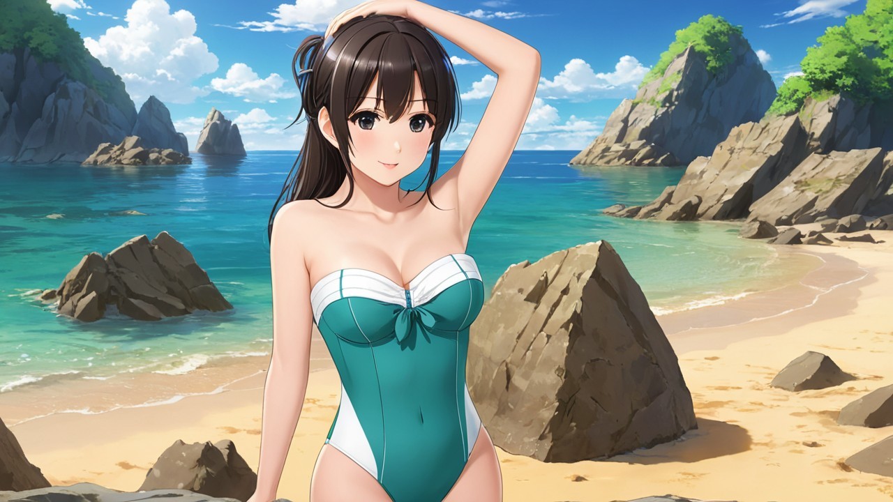 Young Woman in Teal Swimsuit at Scenic Beach