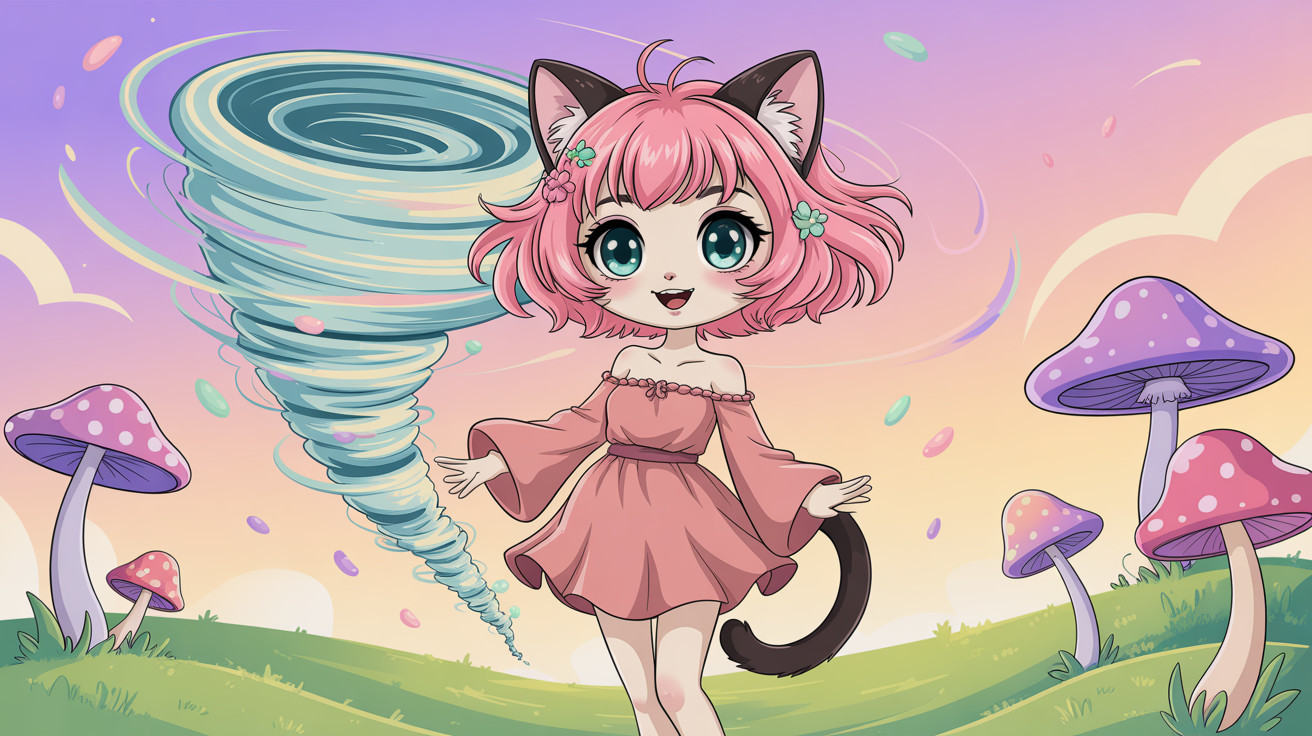 Chibi Catgirl in Whimsical Landscape with Pastel Elements
