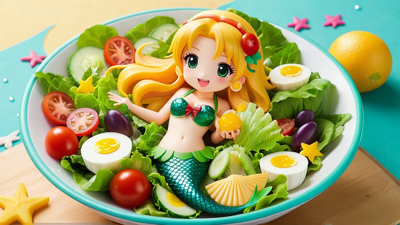 Whimsical Salad Bowl with Mermaid Figurine and Stars