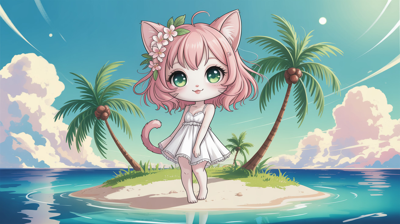 Chibi Cat Girl in Tropical Setting with Pink Flowers