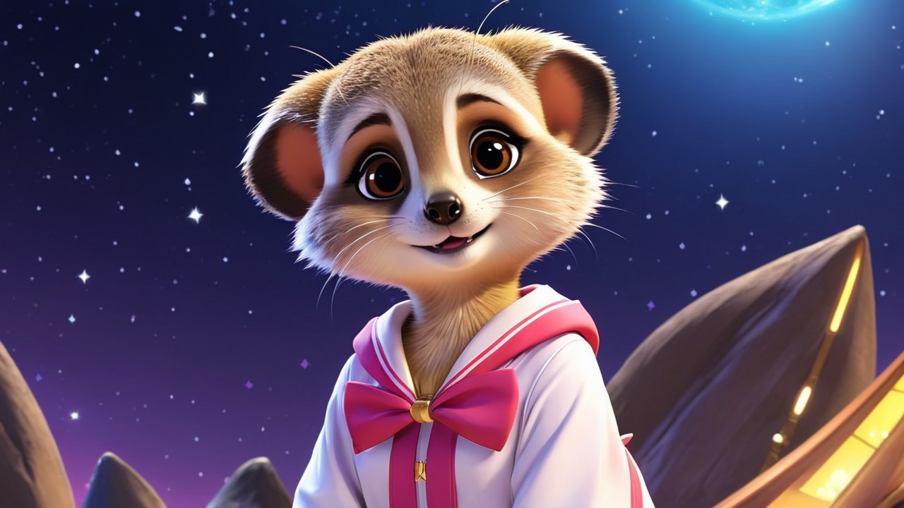 Cartoonish meerkat character in starry night setting