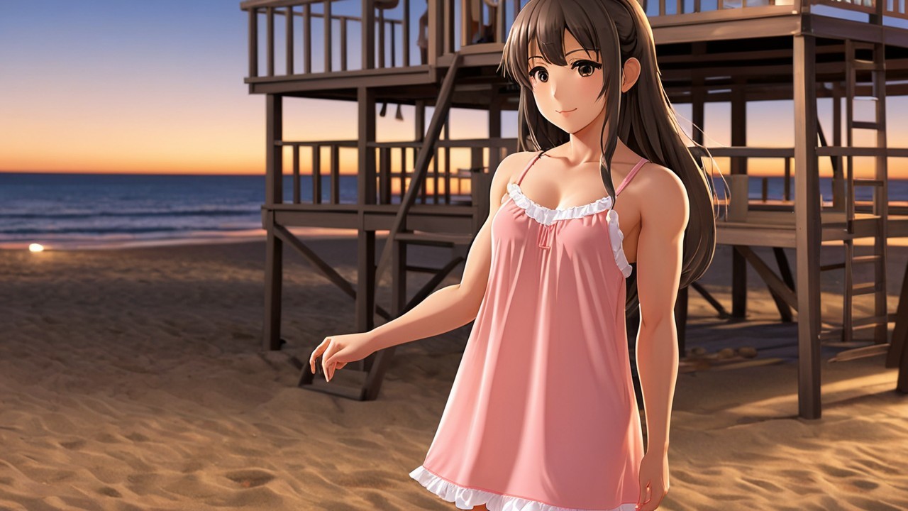 Serene beach scene with sunset and young woman