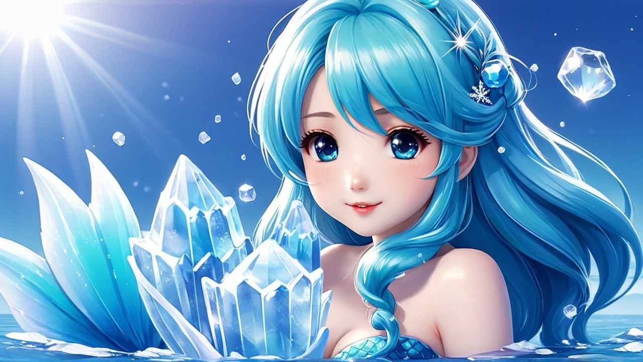 Underwater Scene with Girl and Sparkling Ice Crystals