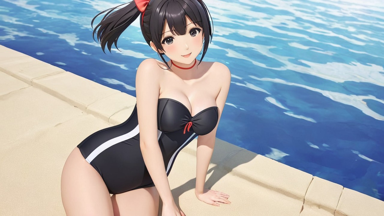 Cheerful Woman in Black Swimsuit by Blue Pool