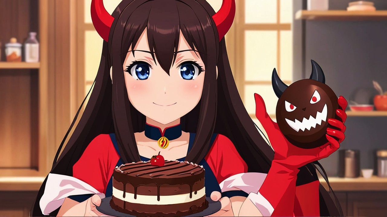 Cheerful girl with cake in a warm kitchen setting