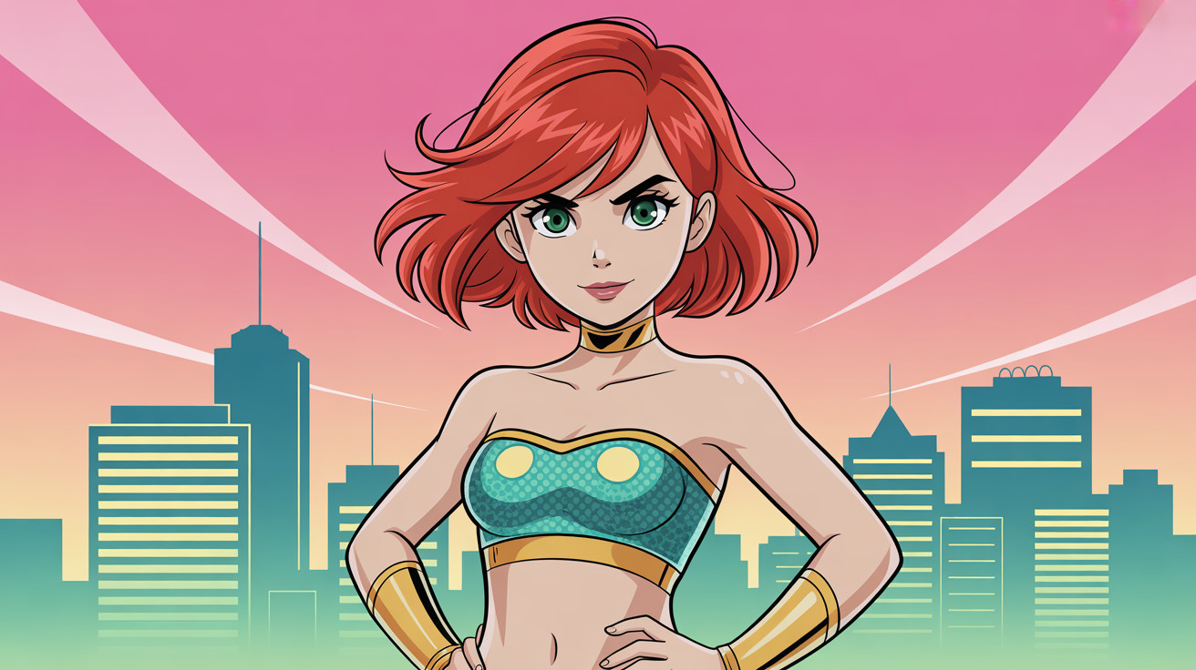 Bust-length portrait of a red-haired female superhero