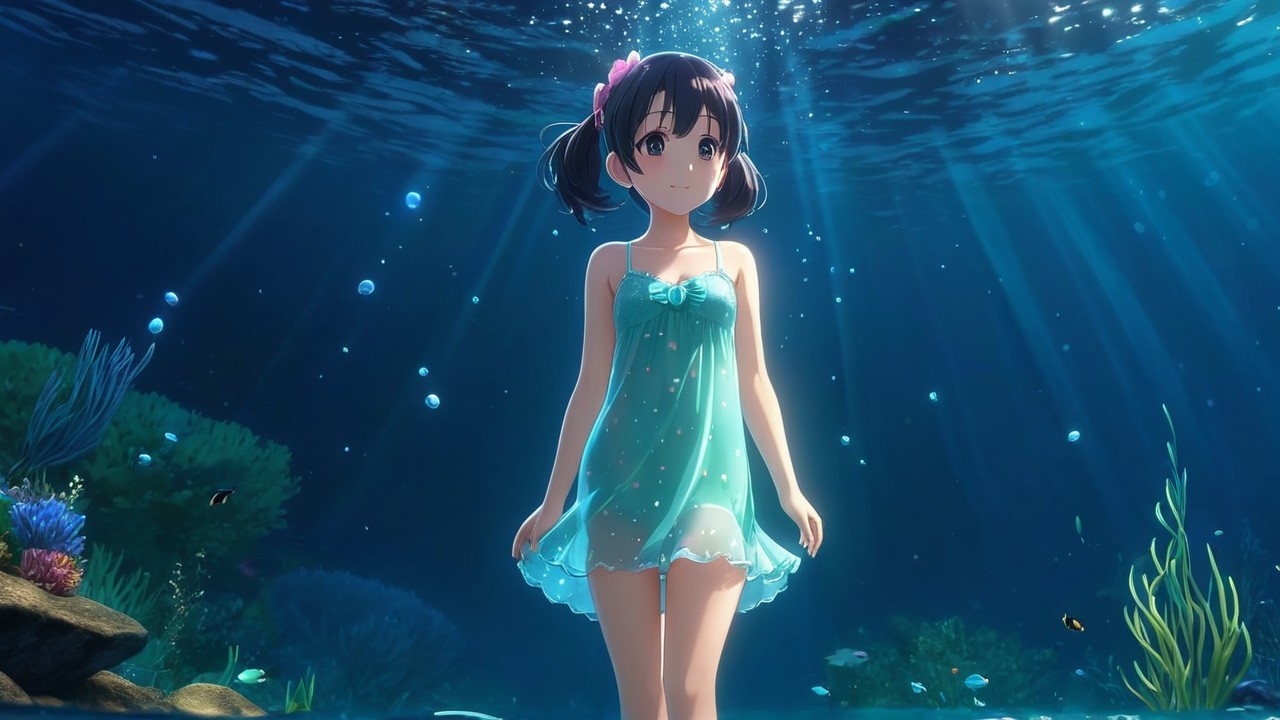 Young girl underwater with marine life and coral