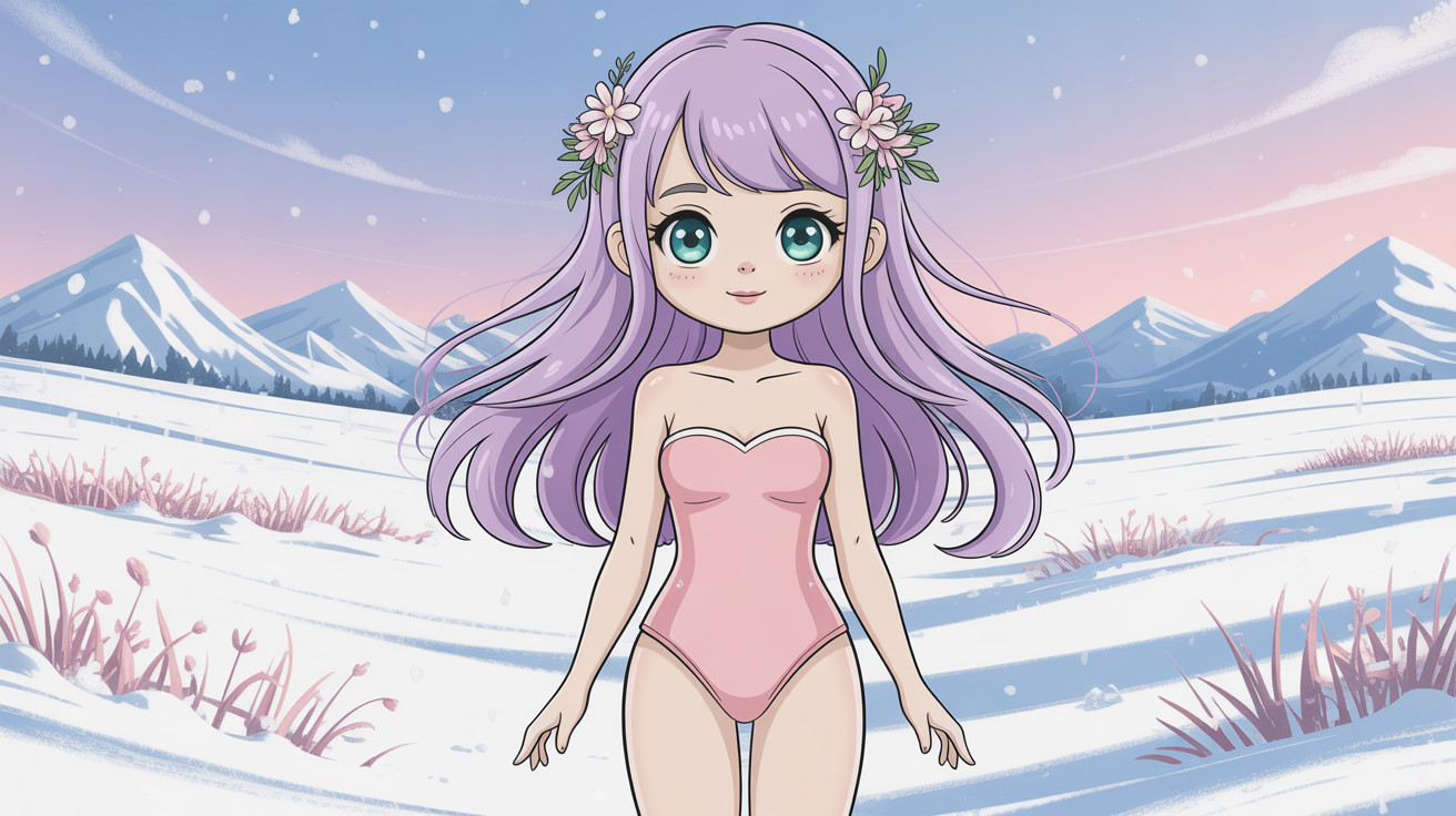 Chibi girl in pink bodysuit in winter landscape