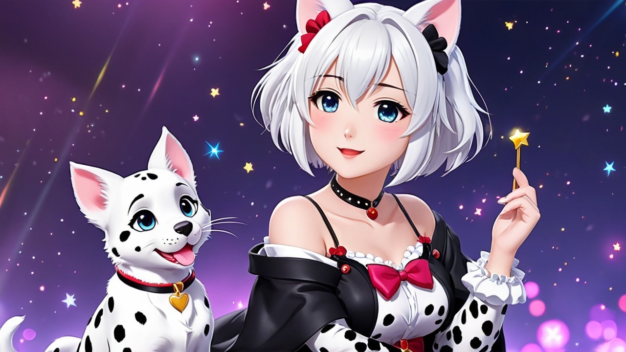 Cheerful girl with cat paws and playful Dalmatian dog