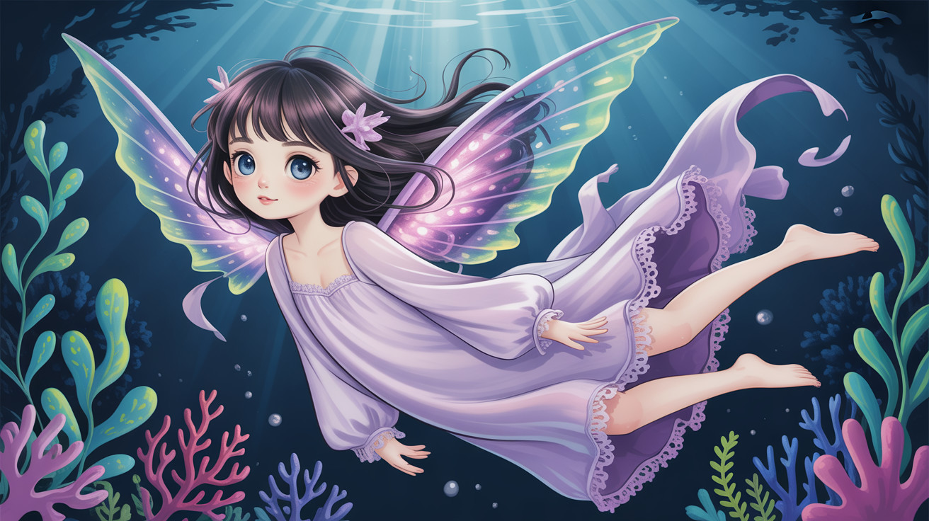 Anime Fairy Swimming in Colorful Coral Reef