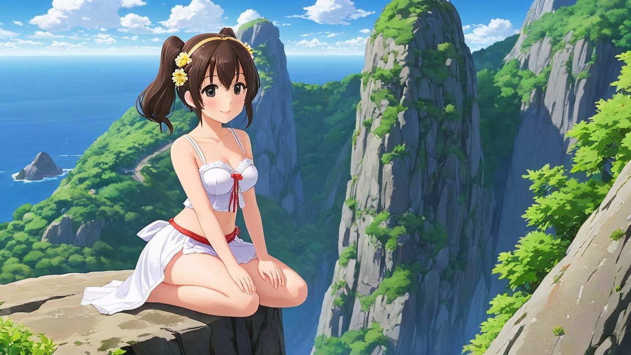 Anime Character on Rocky Ledge with Ocean View