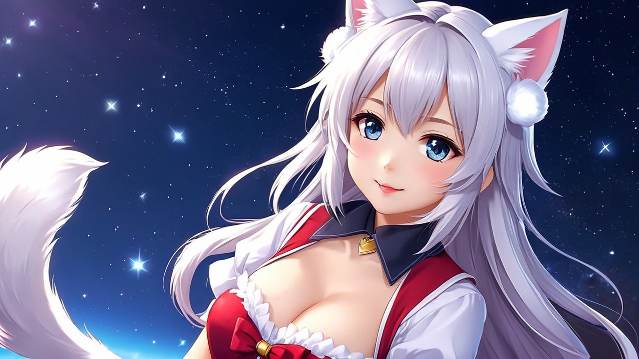 Cute anime character with silver hair and cat ears