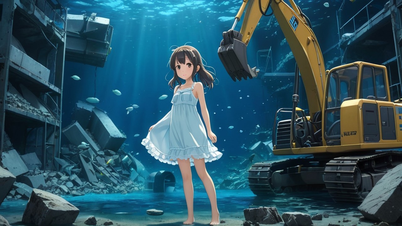 Underwater Scene with Girl in White Dress and Excavator