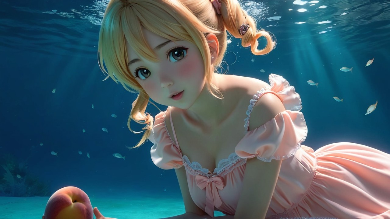 Blonde-haired girl in pink dress submerged underwater