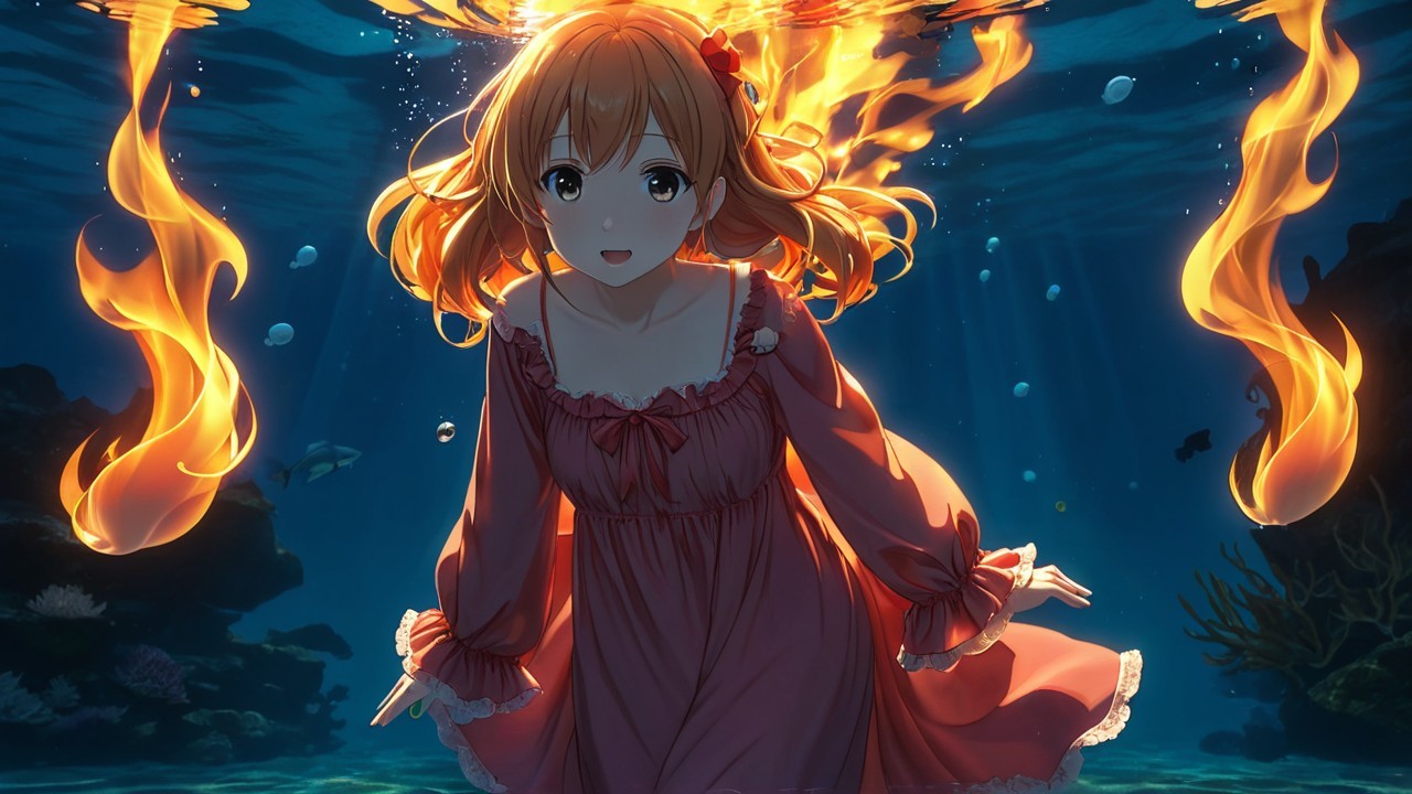 Young girl in pink dress swims among vibrant marine life