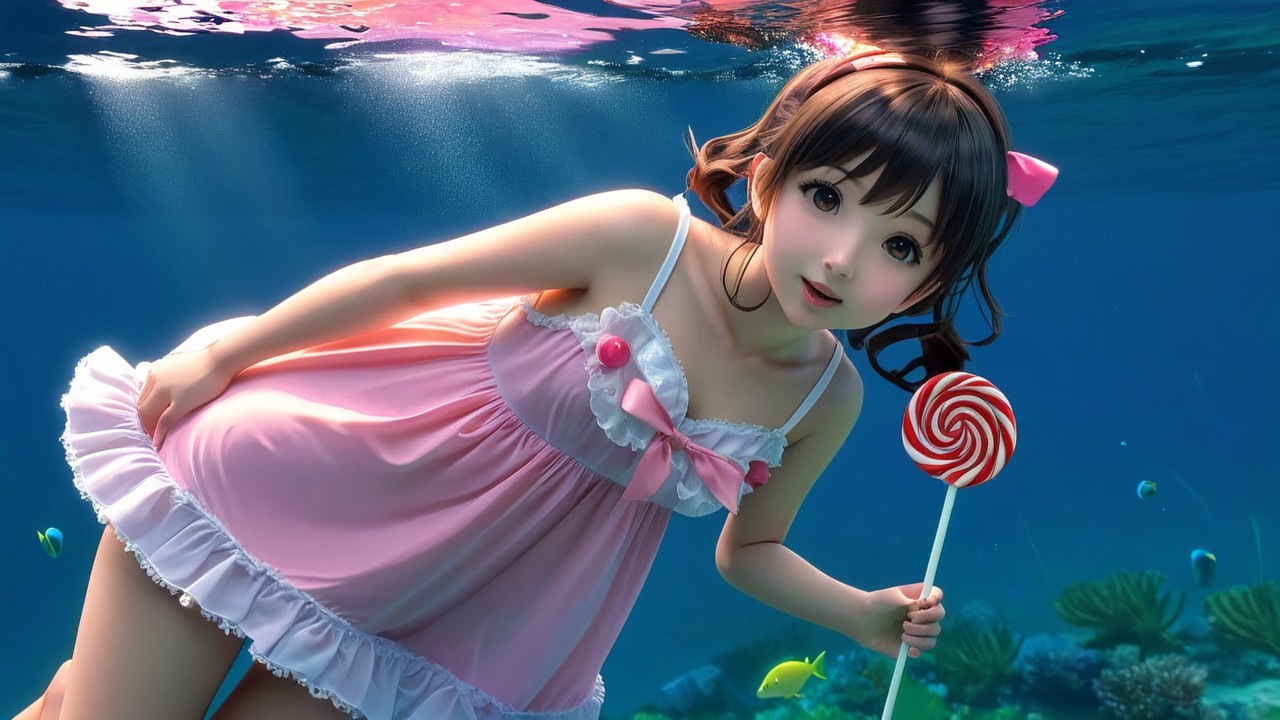 Underwater Scene with Girl in Pink Dress and Lollipop