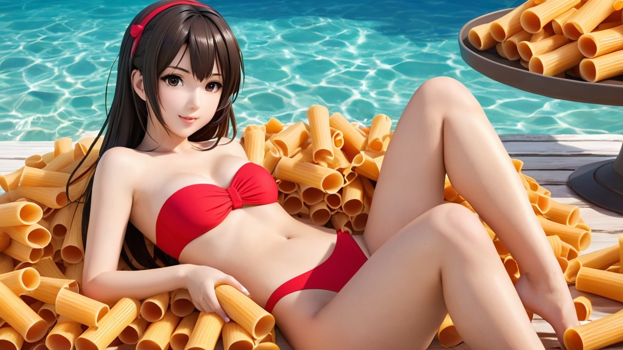Anime Character Poolside with Pasta Shapes and Water
