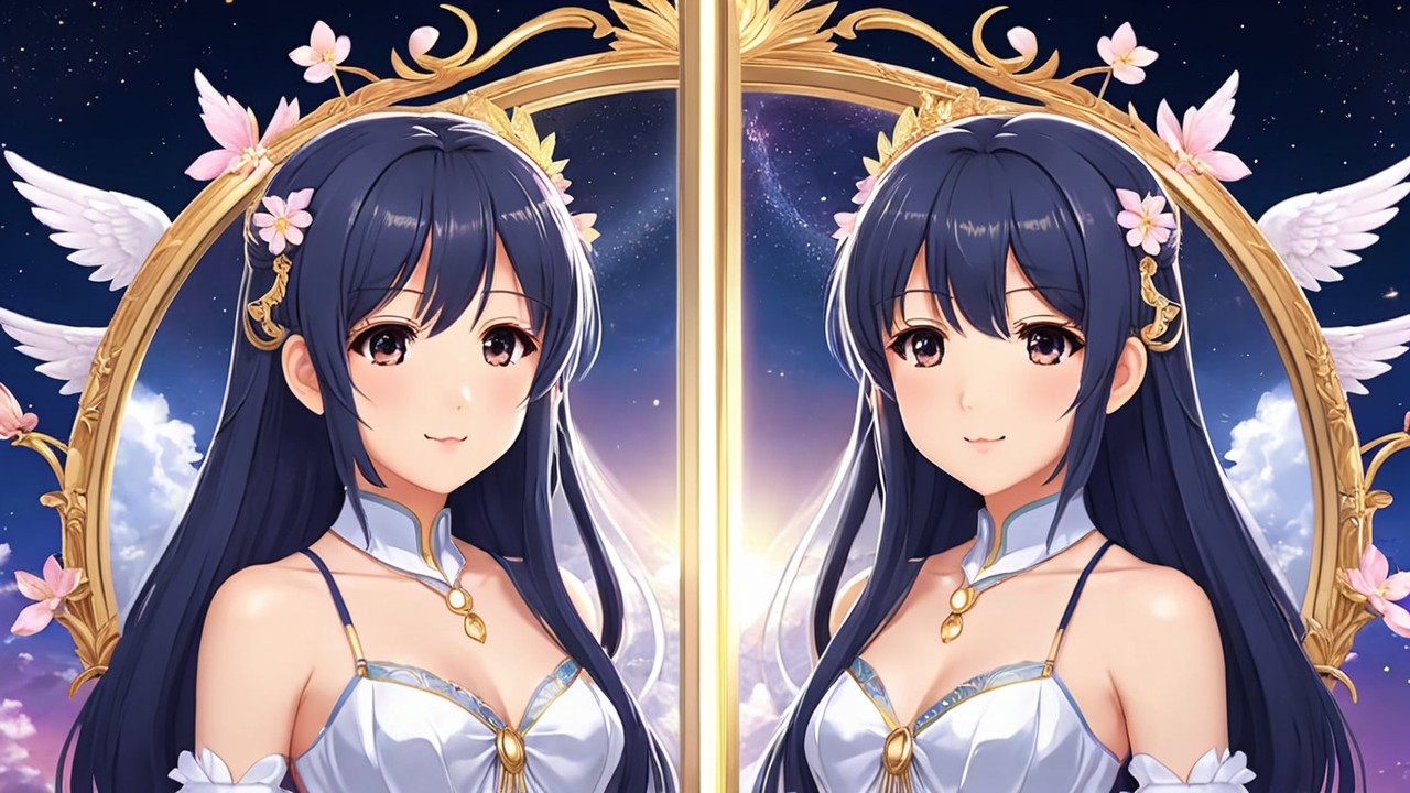 Illustrated Character with Wings and Celestial Background