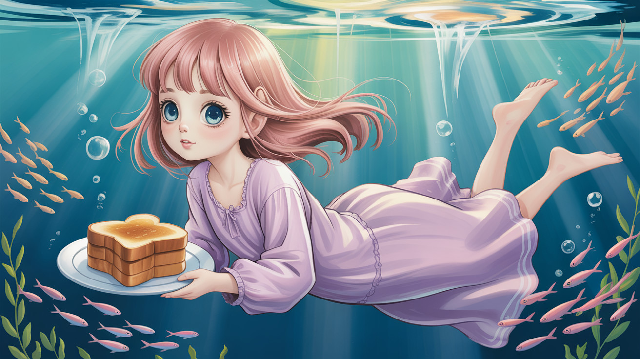 Cute girl underwater with toast and colorful fish