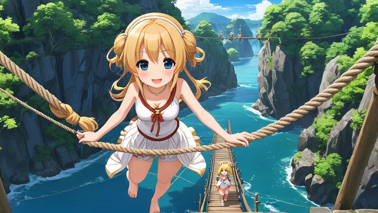 Cheerful anime character on rope bridge over blue river