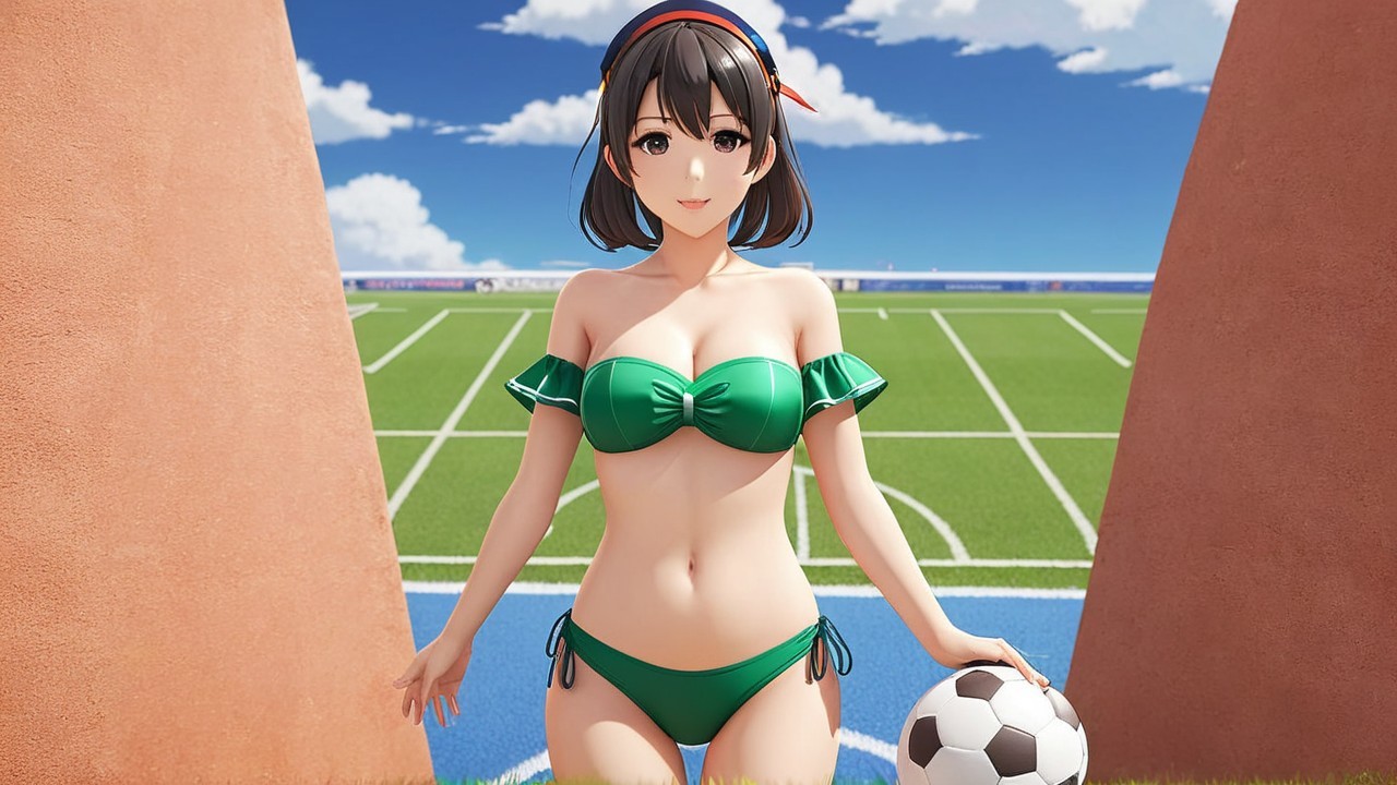 Animated character in green outfit on soccer field