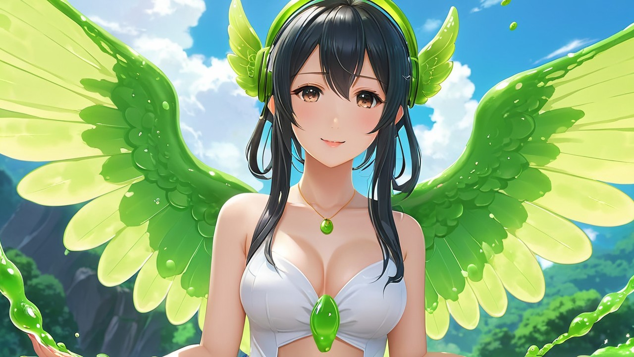 Character with Green Wings Against Blue Sky