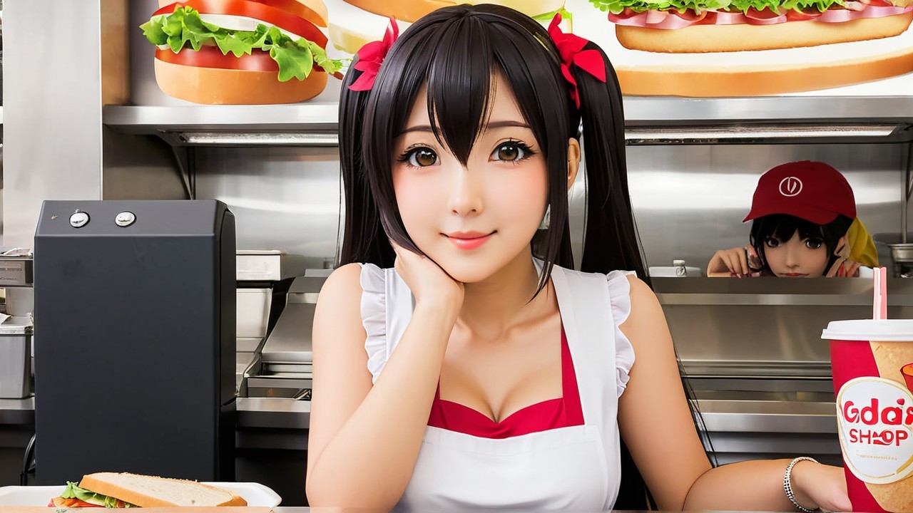 Anime-style waitress in a fast-food setting