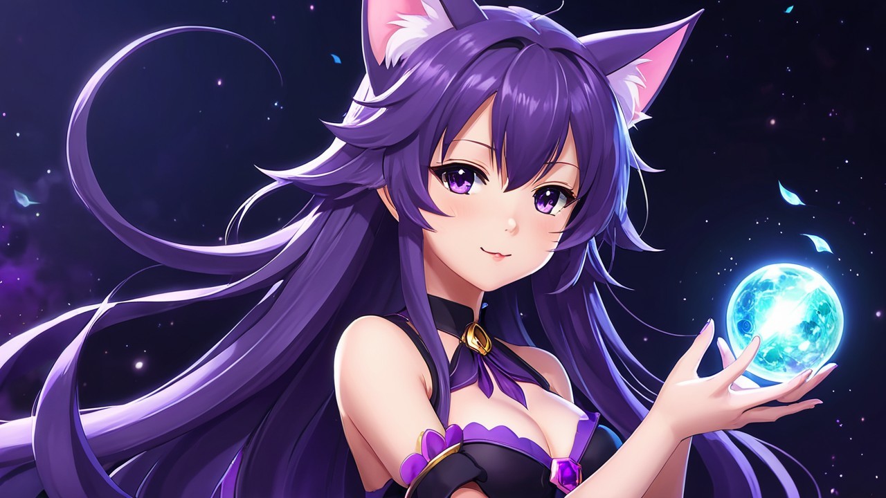Fantasy Character with Purple Hair and Cat Ears