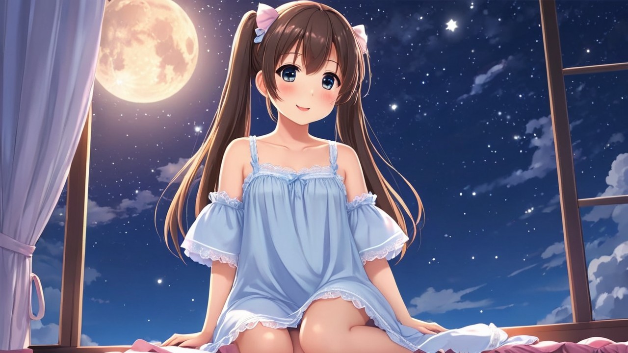 Serene Night Scene with a Girl and Full Moon