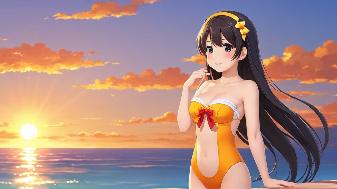 Cheerful girl in orange swimsuit at sunset beach