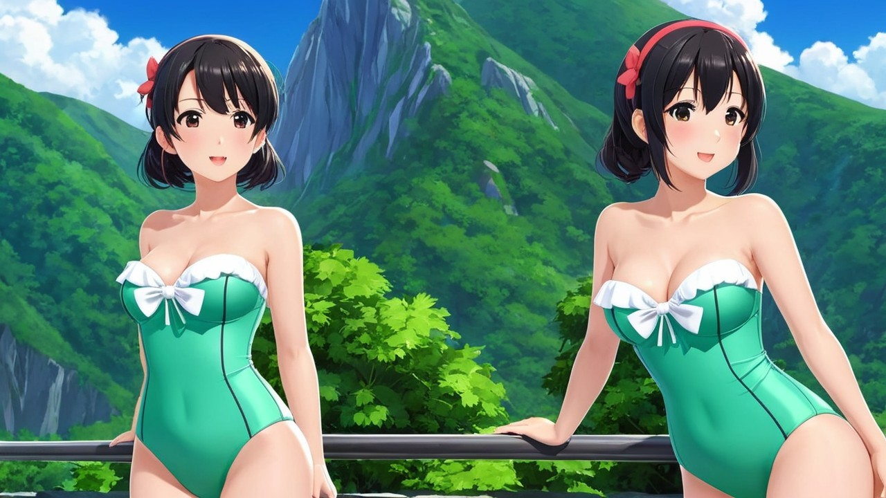 Animated Characters in Green Swimsuits in Summer Scene