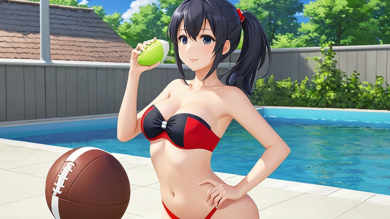 Anime Girl by Pool with Green Football and Rugby Ball