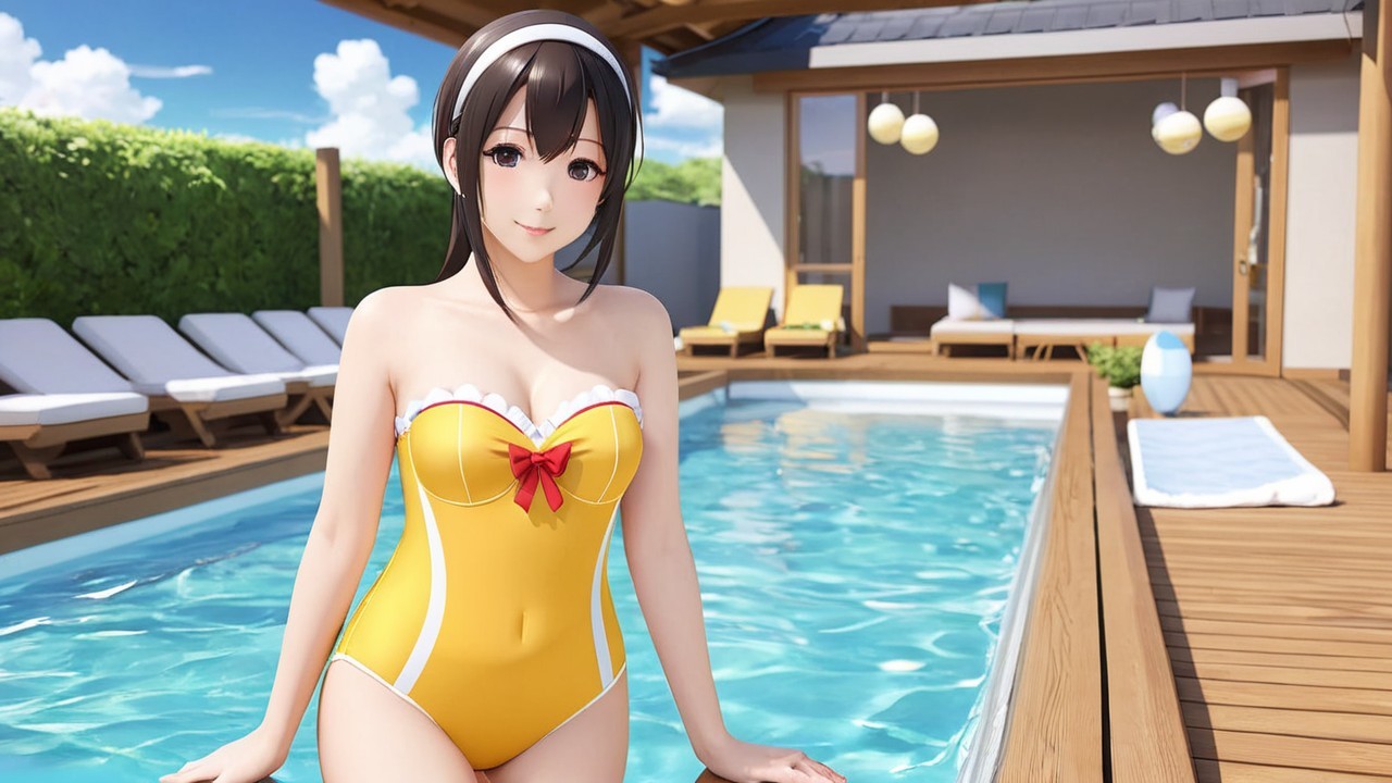 Young woman in yellow swimsuit by blue poolside