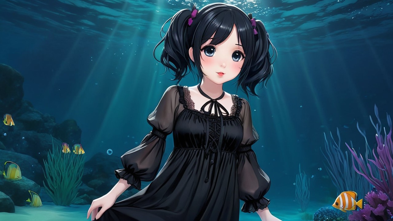 Anime Character in Black Dress Underwater Scene