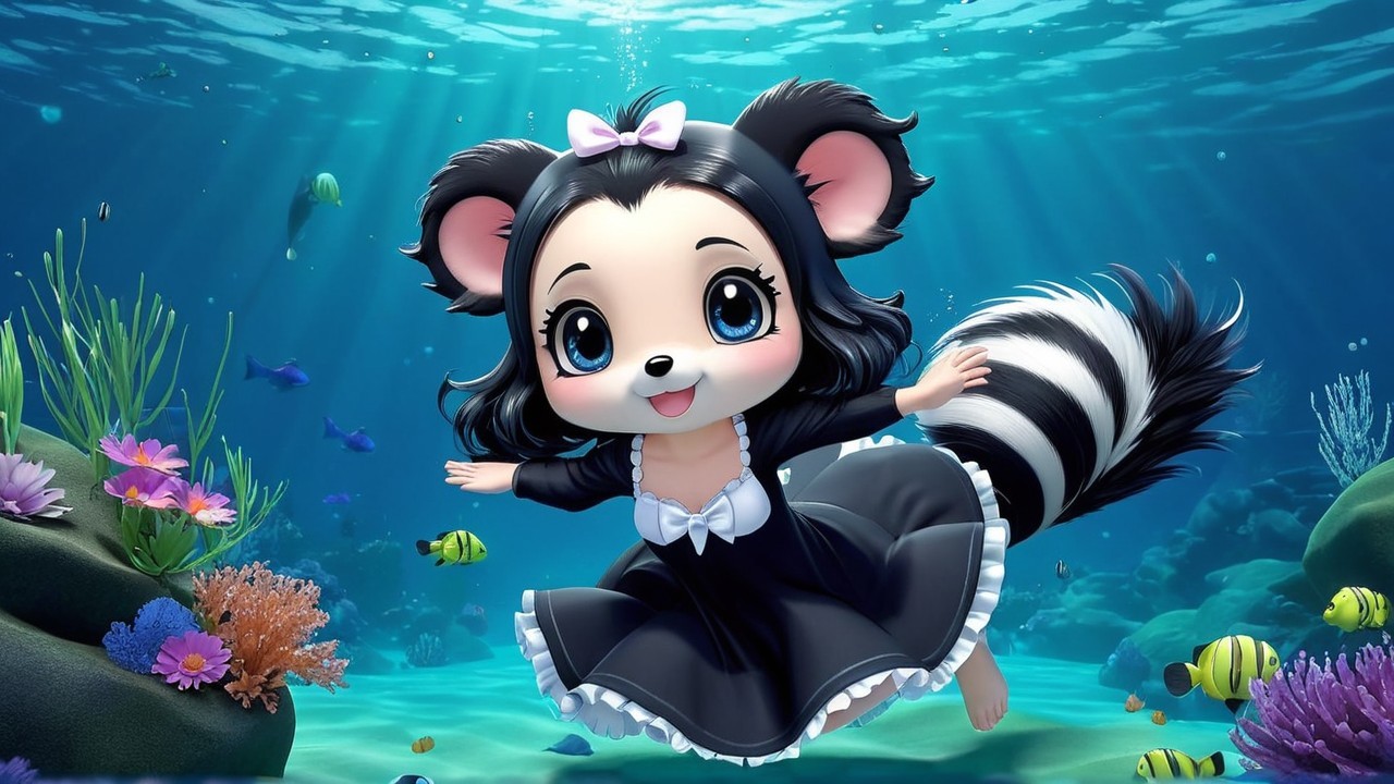 Cartoonish Raccoon Character Swimming Underwater