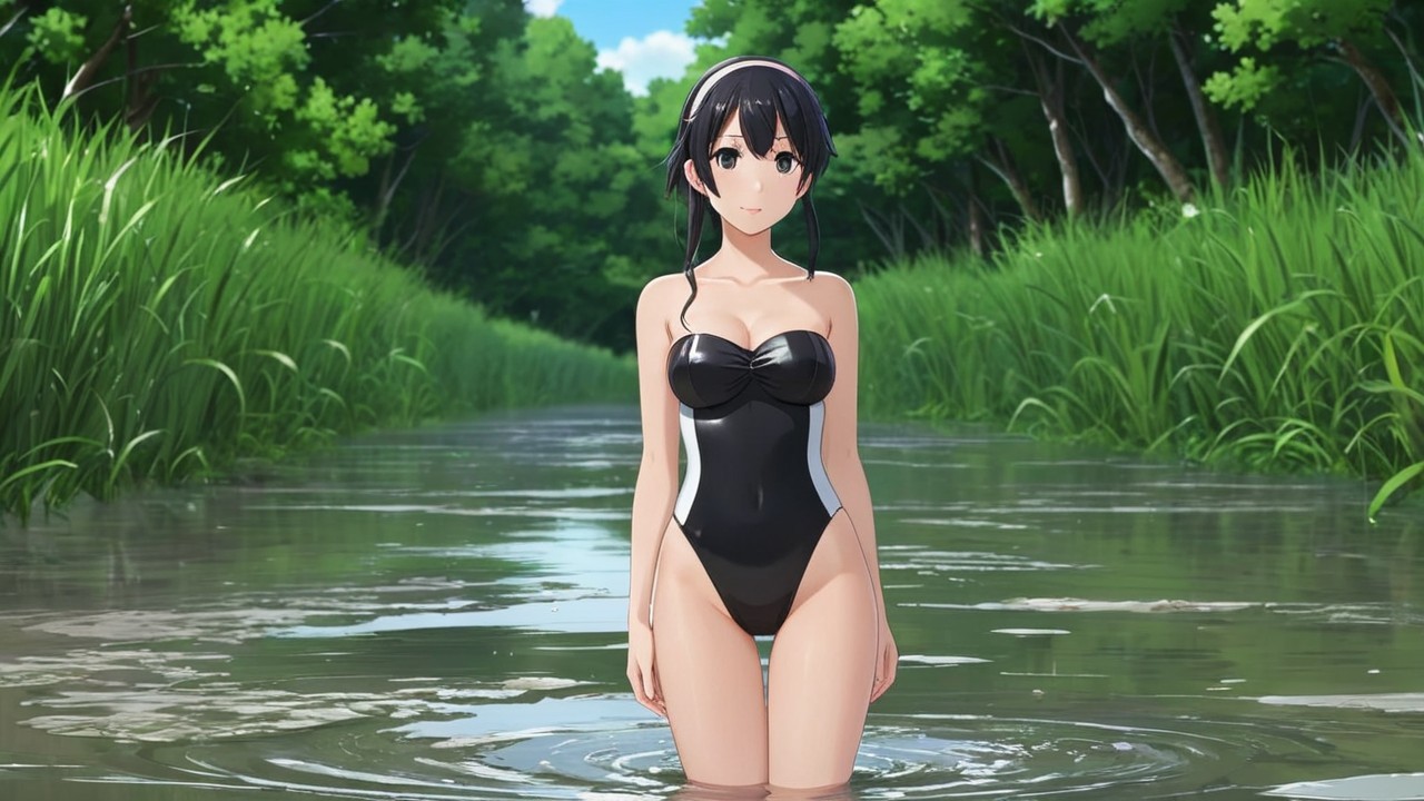 Animated character in black swimsuit by serene water