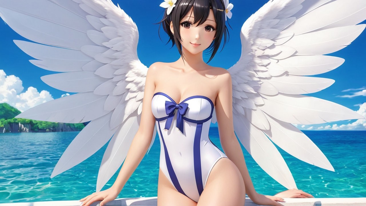 Young woman with wings in swimsuit by the ocean