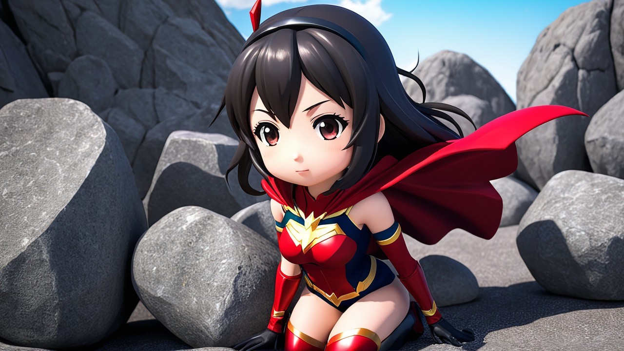 Chibi-style superhero character in colorful costume